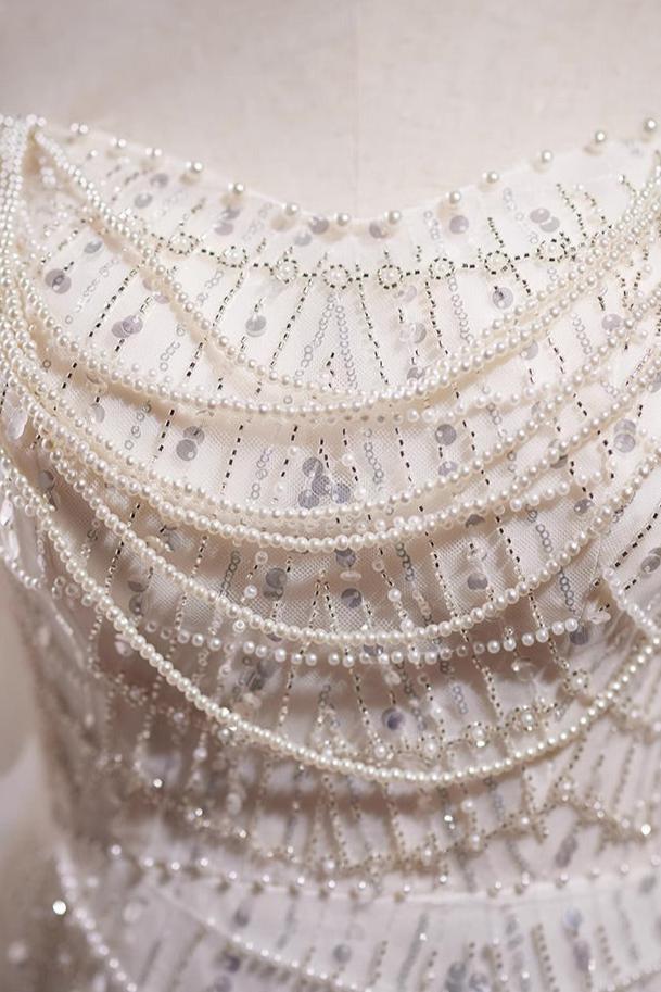 White Pearl Sequin Long Gown