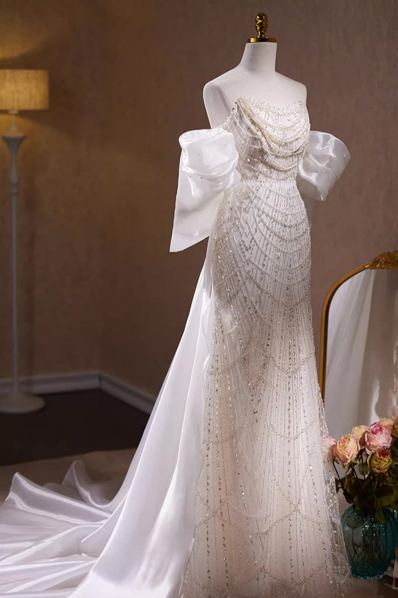 white pearl sequin dress Miss Circle Women Lainey White Satin Sequin Pearls Beaded Maxi Dress