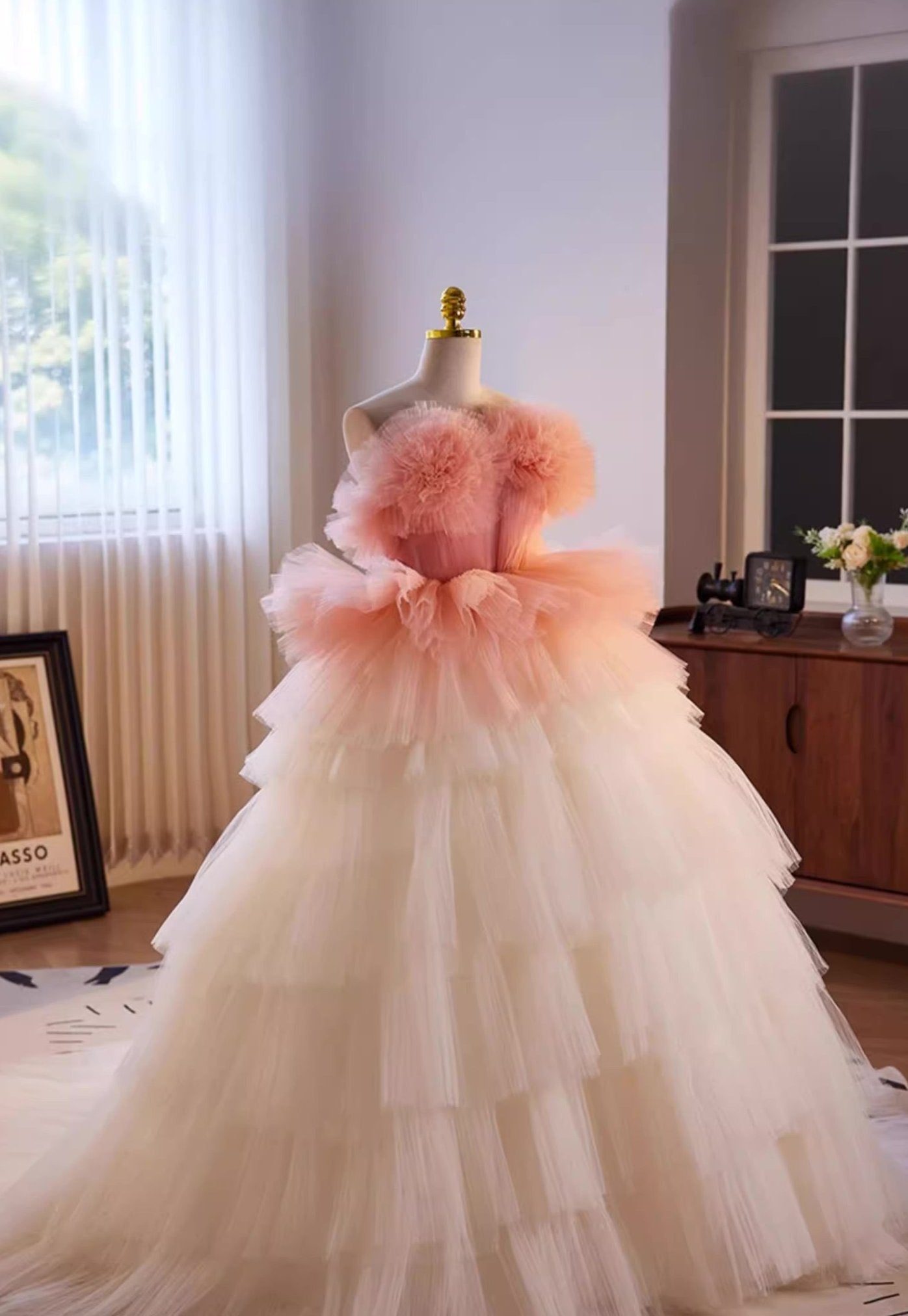 White Peach Tulle Ball Gown