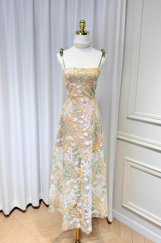 Brown Flower Pattern Long Dress
