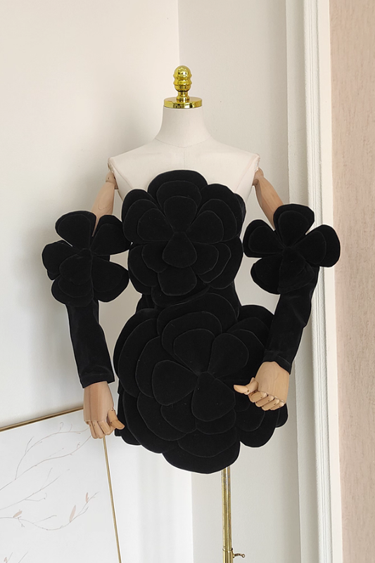 Black Flower Dress with Detachable Sleeves