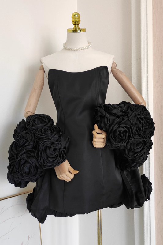 Black Tube Dress with Detachable Flower Shawl