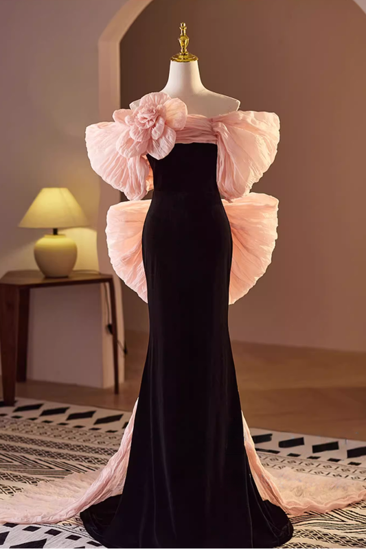 Pink Ribbon Off Shoulder Black Long Gown