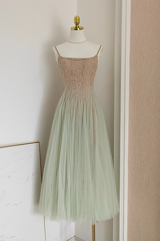 Brown Lace Green Tulle Long Dress