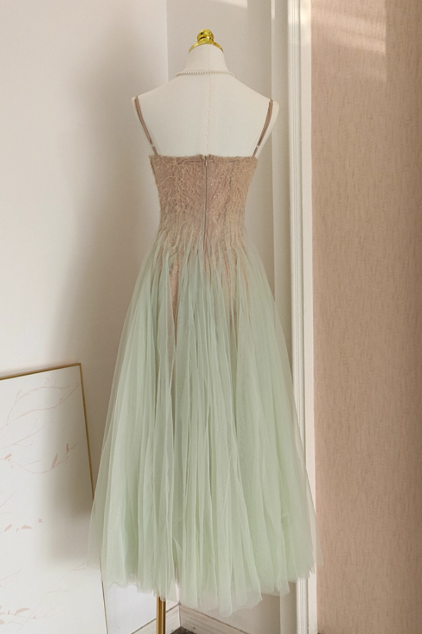 Brown Lace Green Tulle Long Dress