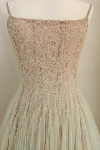 Brown Lace Green Tulle Long Dress