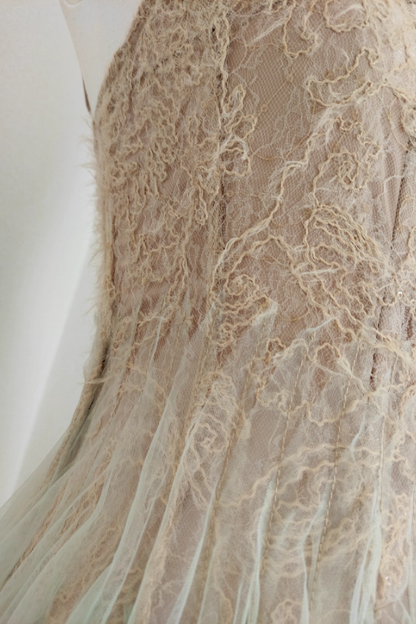 Brown Lace Green Tulle Long Dress