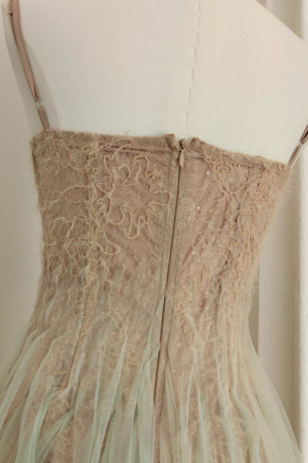 Brown Lace Green Tulle Long Dress
