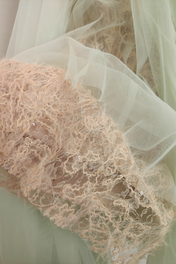 Brown Lace Green Tulle Long Dress