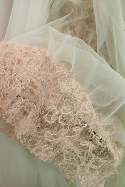 Brown Lace Green Tulle Long Dress