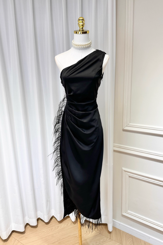 Black Ostrich Feathers Slit Dress