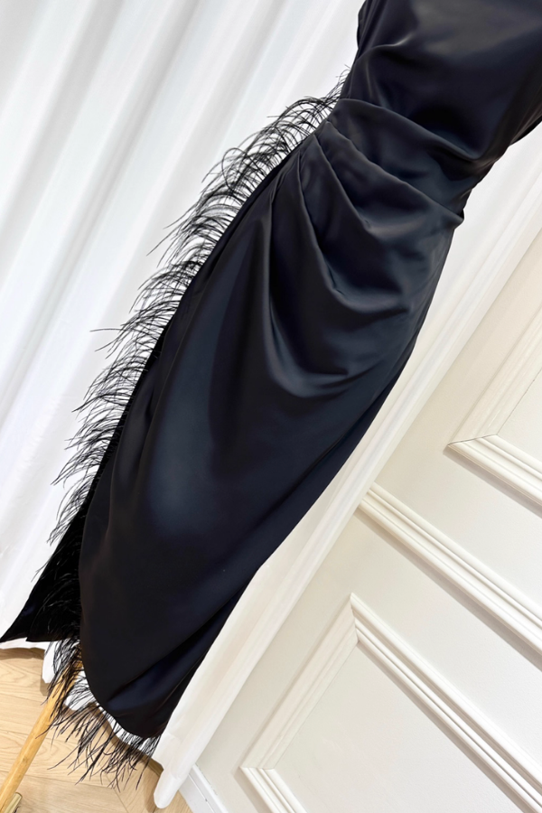 Black Ostrich Feathers Slit Dress