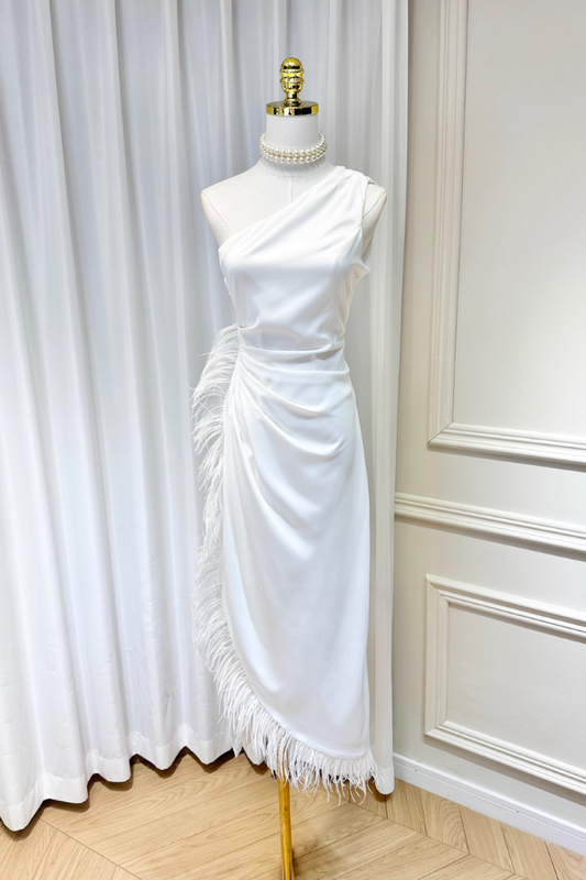 White Ostrich Feathers Slit Dress