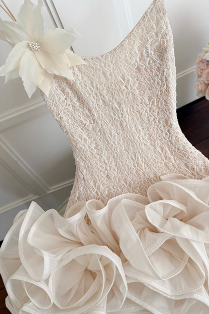 Beige Cream Puff Lace Short Dress