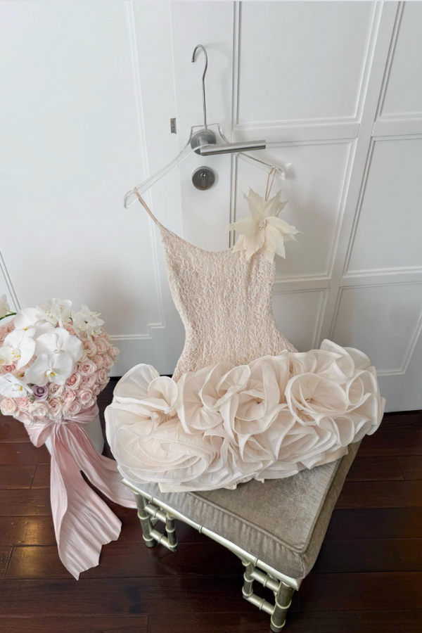 Beige Cream Puff Lace Short Dress