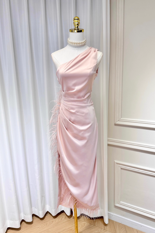 Pink Ostrich Feathers Slit Dress