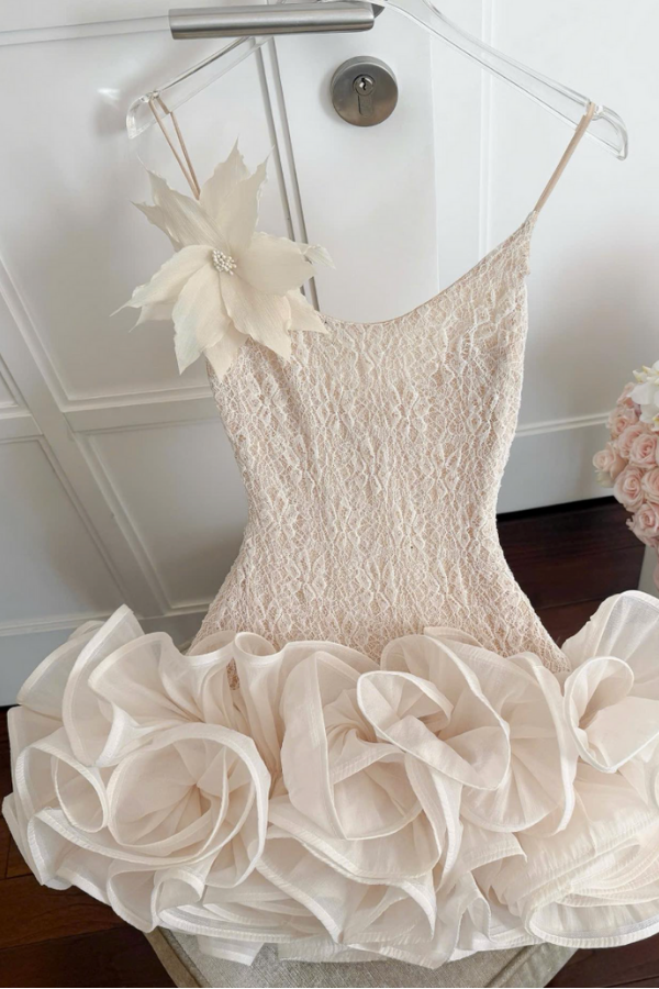Beige Cream Puff Lace Short Dress