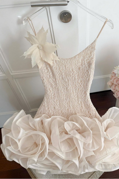Beige Cream Puff Lace Short Dress