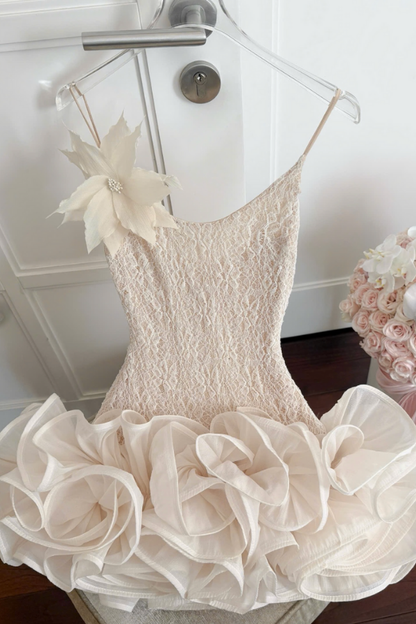 Beige Cream Puff Lace Short Dress