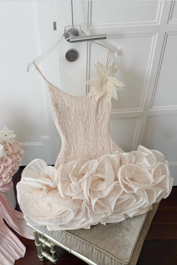 Beige Cream Puff Lace Short Dress