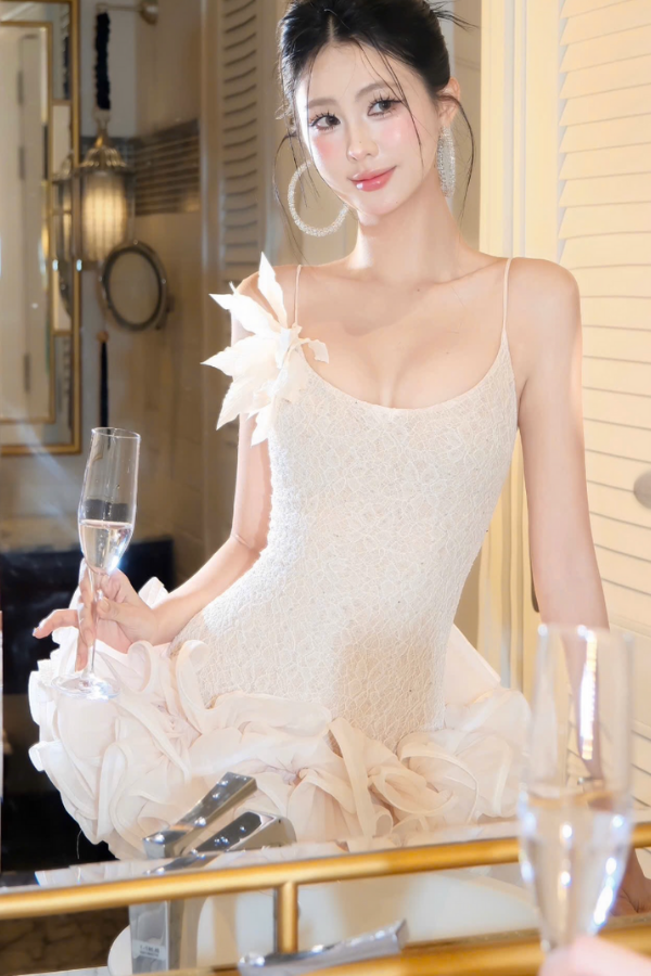 Beige Cream Puff Lace Short Dress