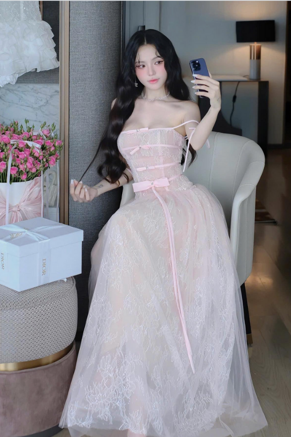Pink Lace Long Dress