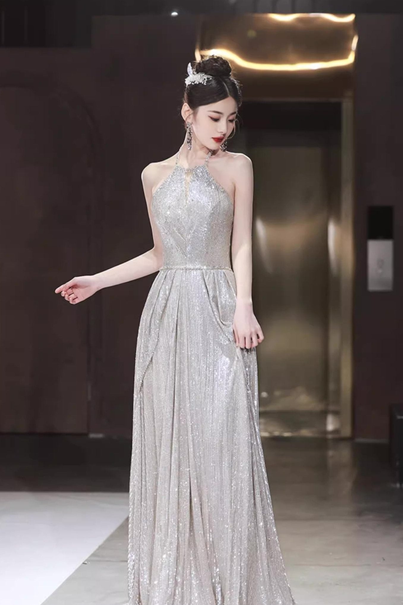 Sequin Long Gown with Pink Shawl