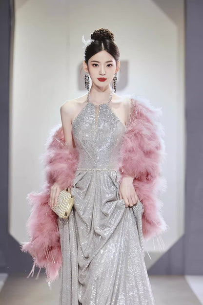 Sequin Long Gown with Pink Shawl