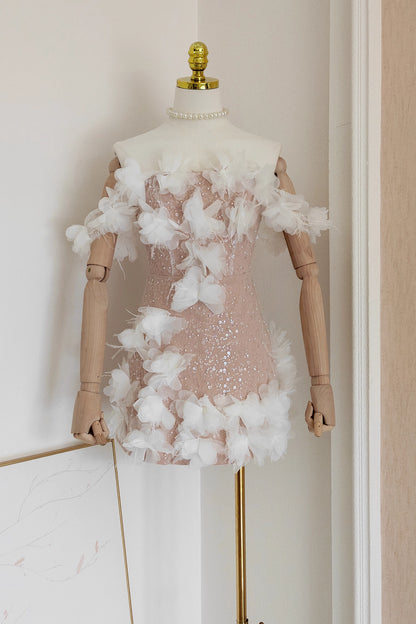 Nude Flower Off Shoulder Dress
