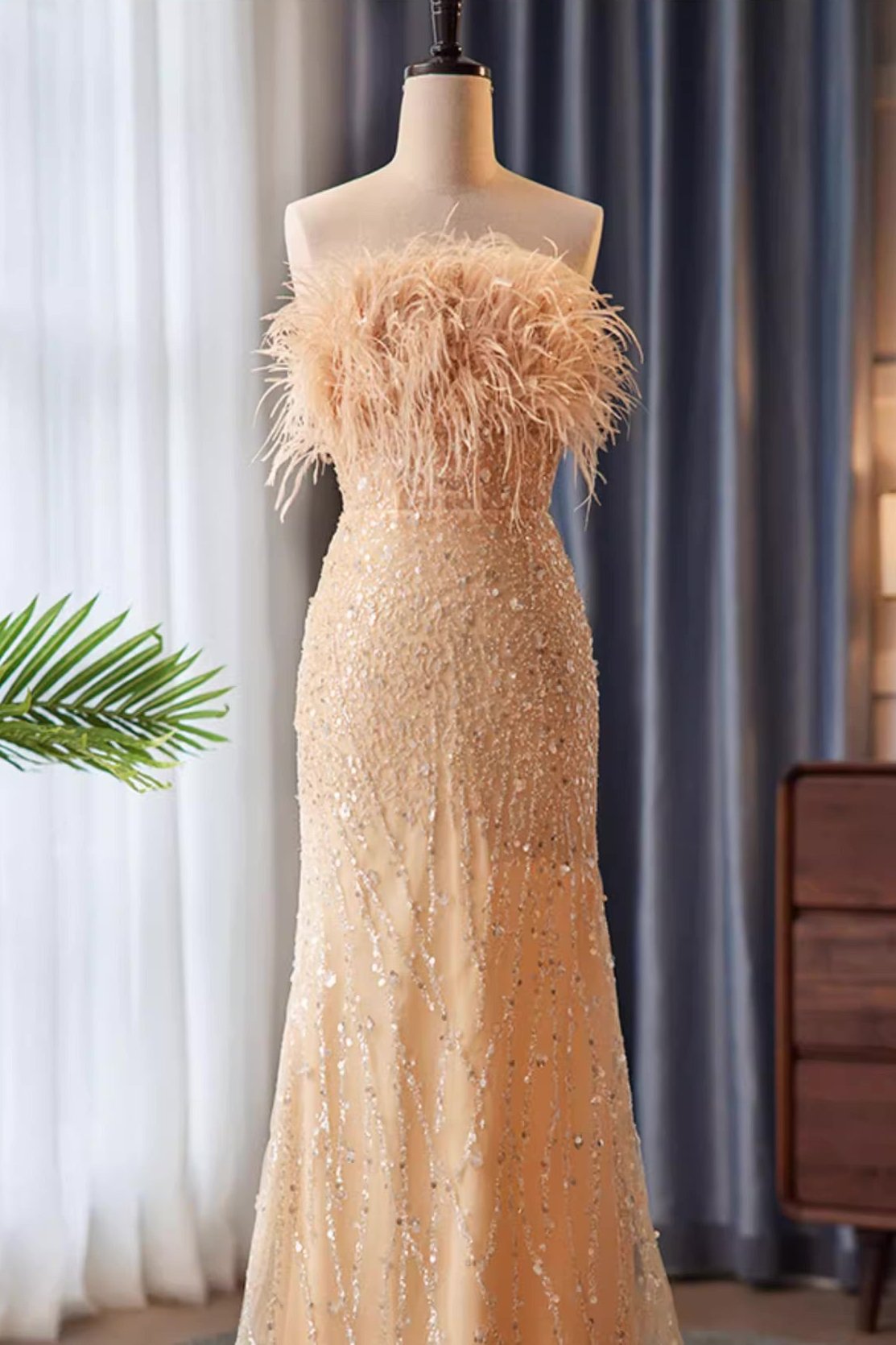 orange fur dress Full Sleeves Fur Lace Prom Gown with Deep V Neck