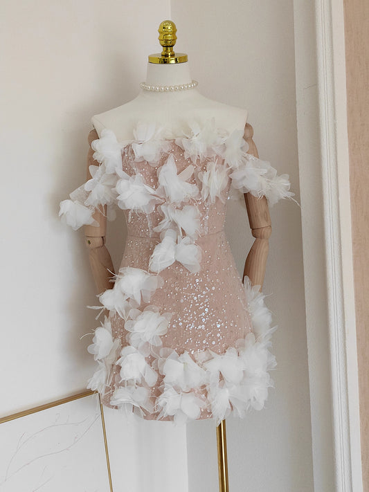Nude Flower Off Shoulder Dress