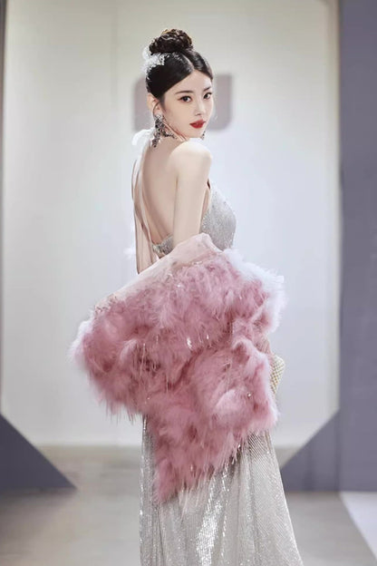 Sequin Long Gown with Pink Shawl