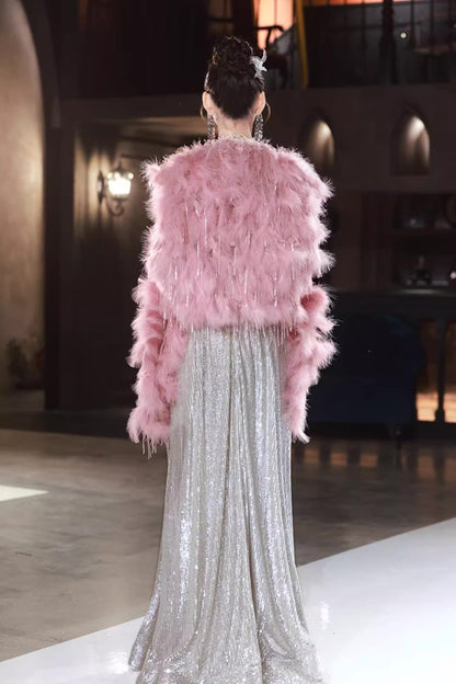 Sequin Long Gown with Pink Shawl