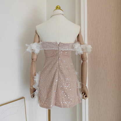 Nude Flower Off Shoulder Dress