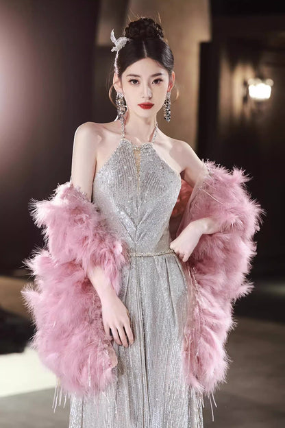Sequin Long Gown with Pink Shawl