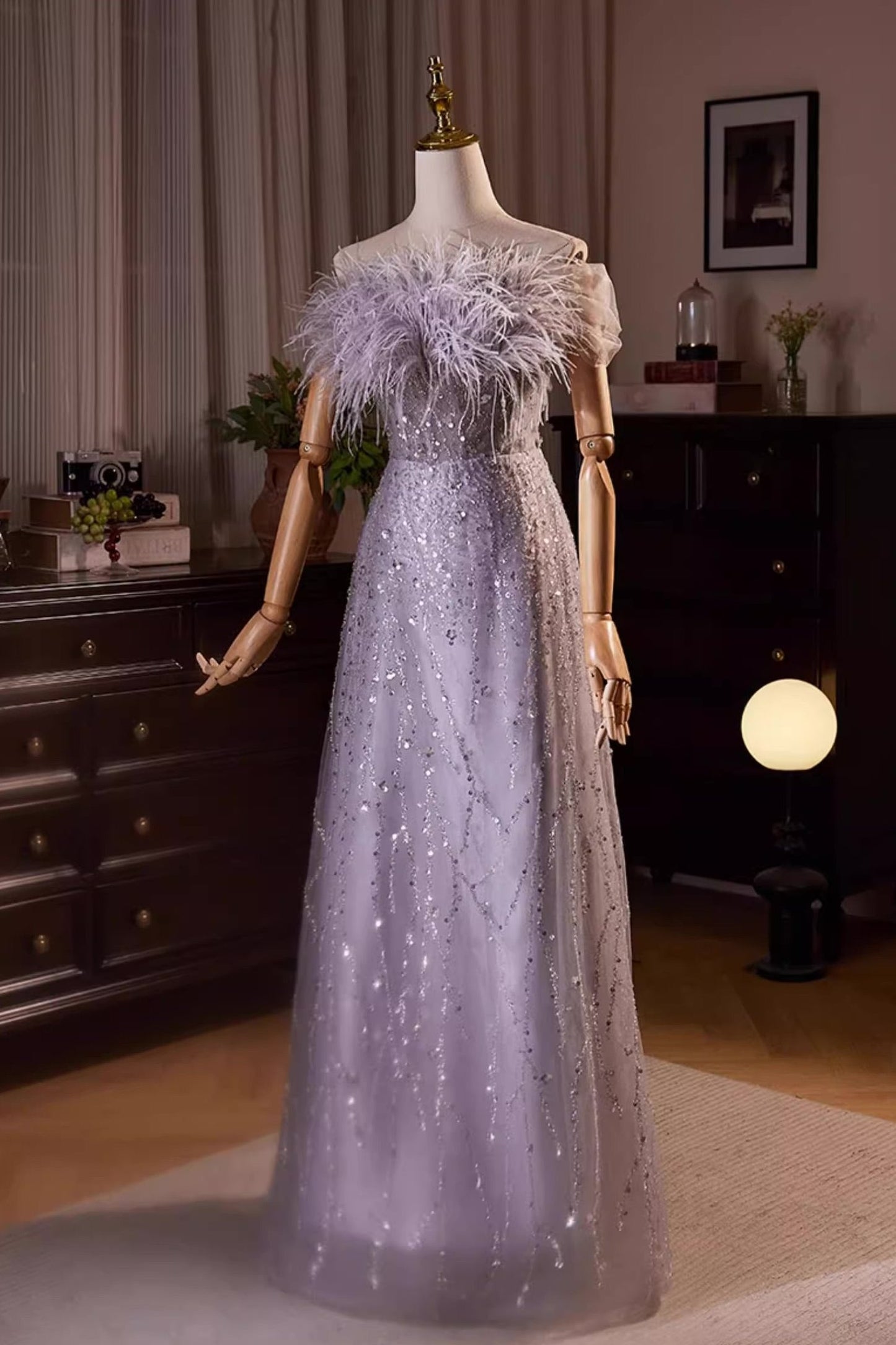 Purple Fur Sequin Long Gown