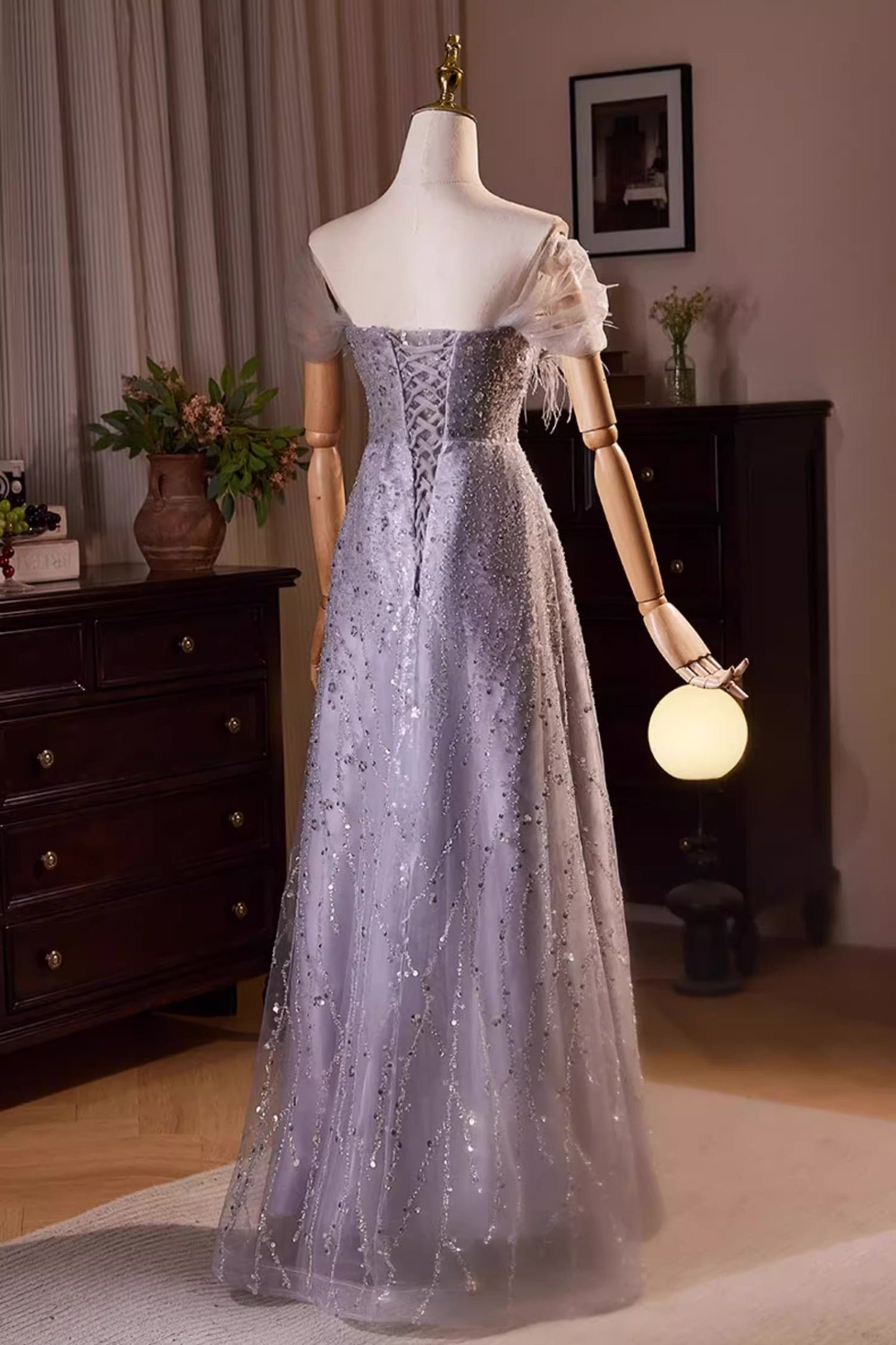 Purple Fur Sequin Long Gown