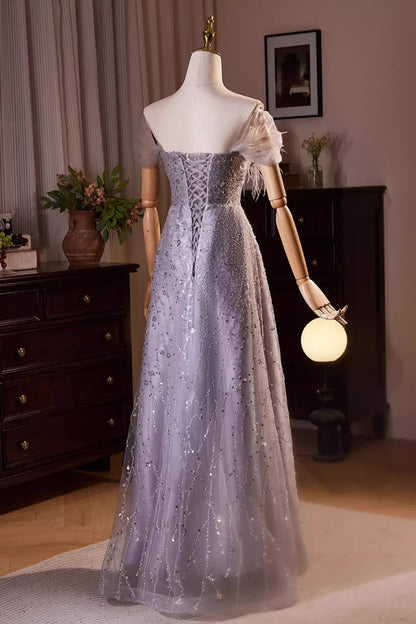Purple Fur Sequin Long Gown