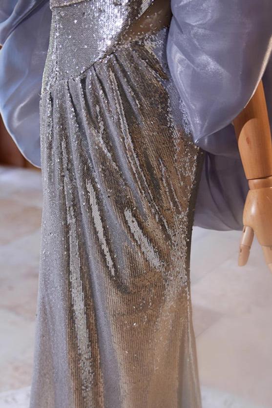 Silver Sequin Gown with Purple Shawl