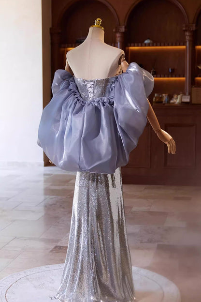 Silver Sequin Gown with Purple Shawl