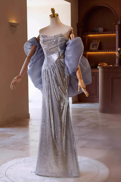 Silver Sequin Gown with Purple Shawl