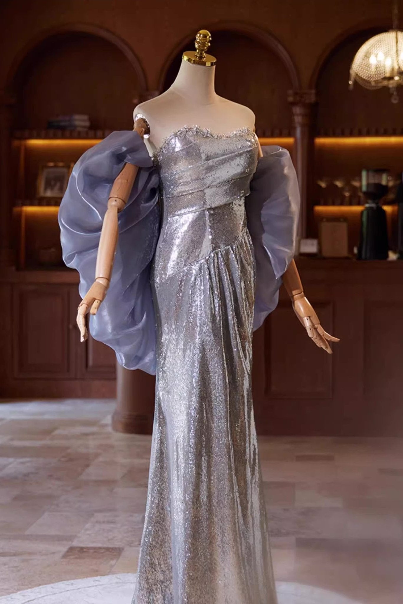 Silver Sequin Gown with Purple Shawl
