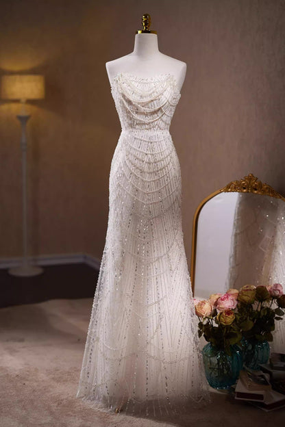 White Pearl Sequin Long Gown