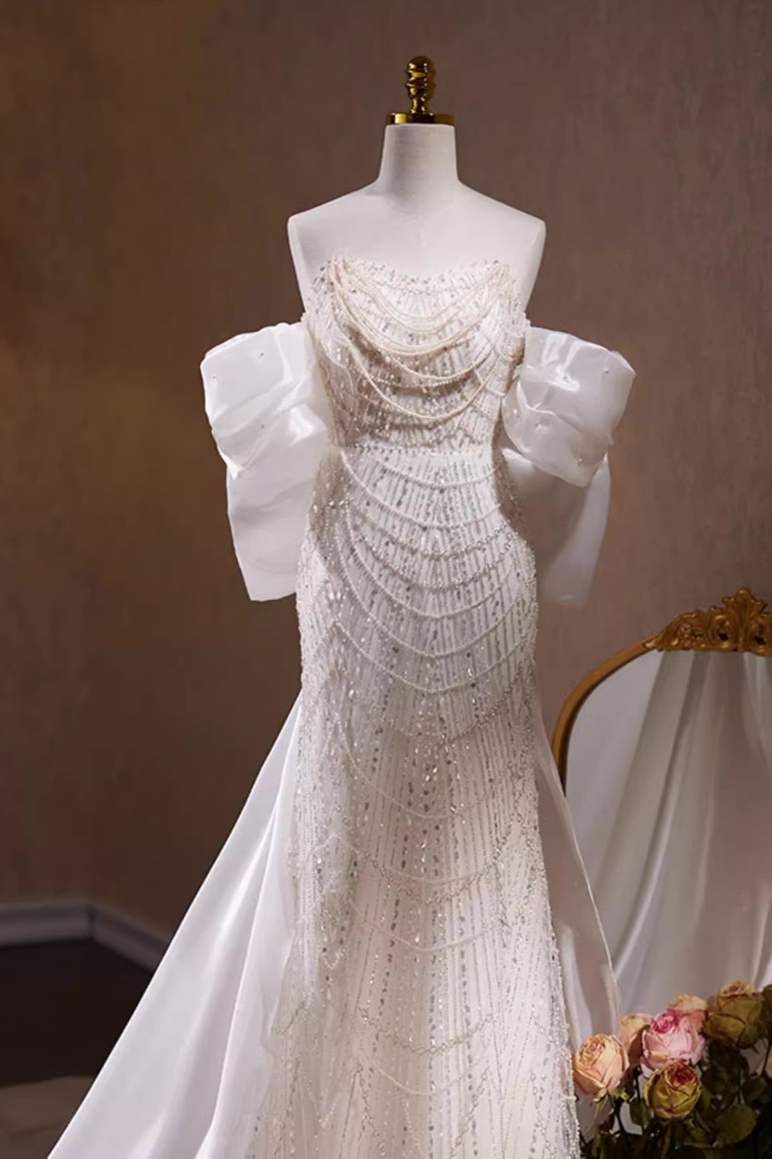 White Pearl Sequin Long Gown